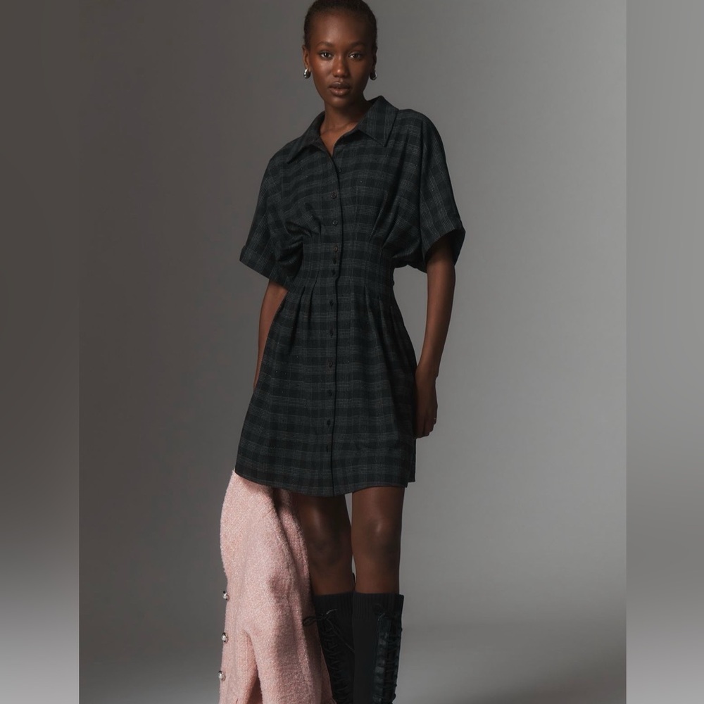 Exquise Tobie Mini Shirt Dress Plaid Pleated Shirt Dress Size Small